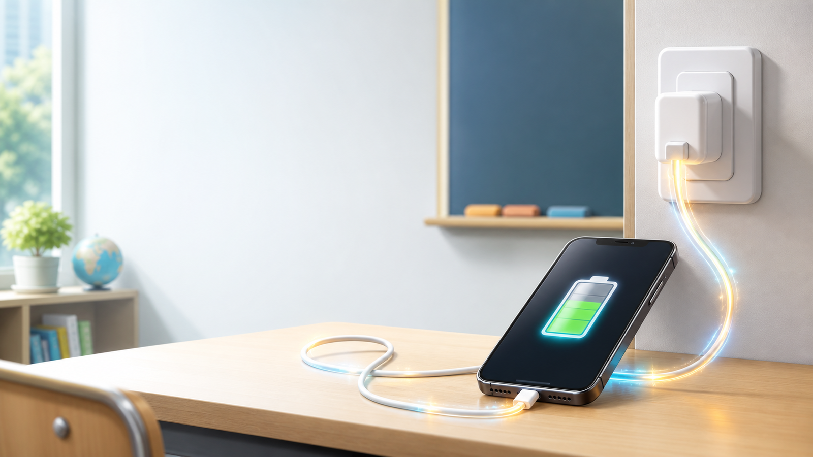 かべのコンセントにつないだ充電器でスマートフォンを充電している場面