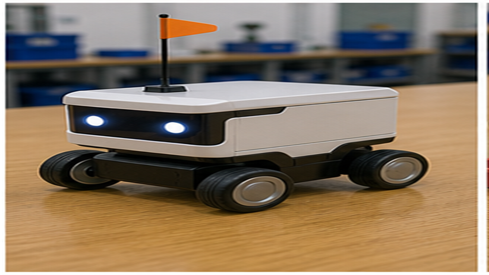 机の上に置かれた自分で道を選んで走る小型ロボットの模型