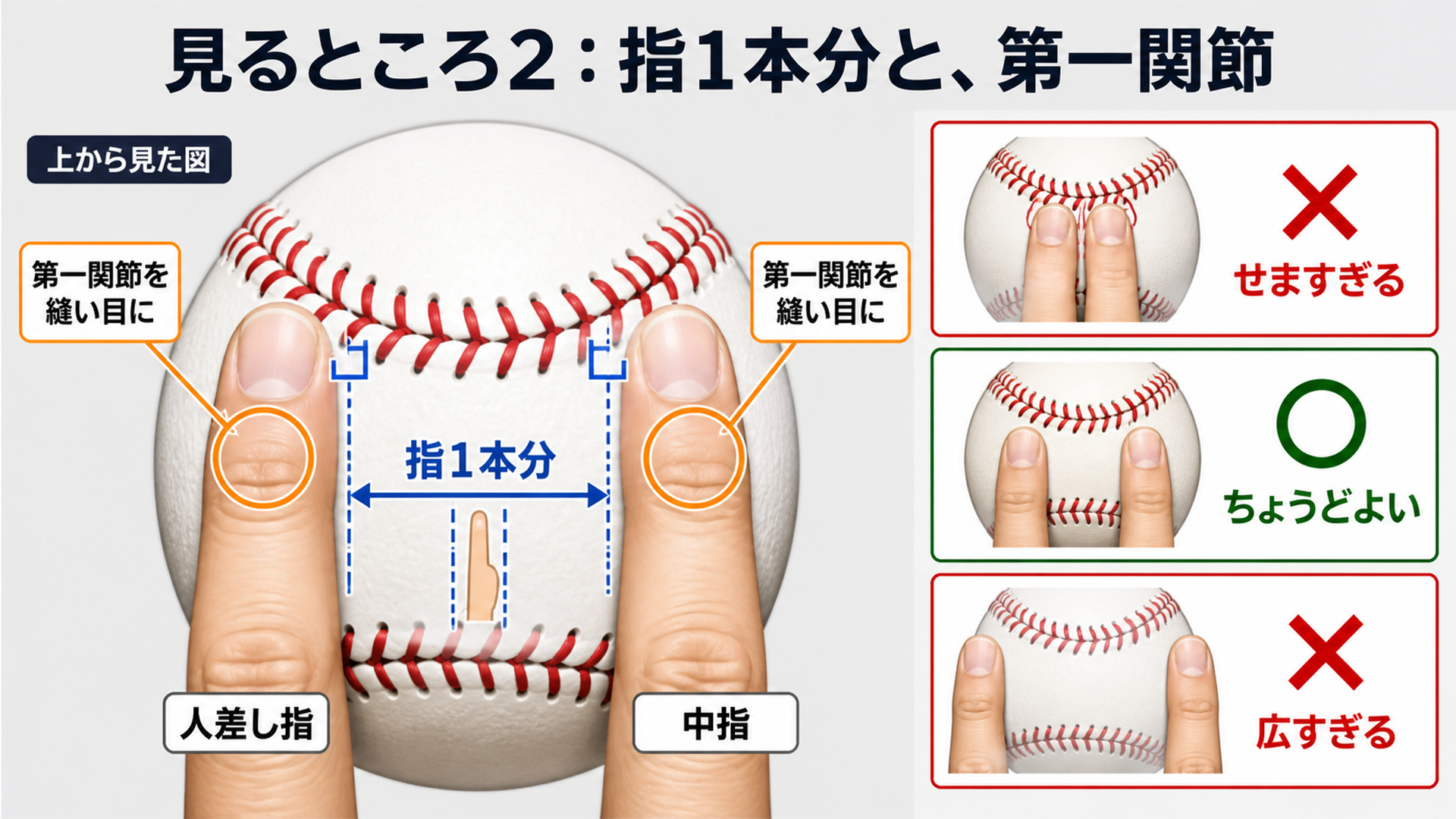 人差し指と中指を指1本分あけ、第一関節を縫い目に当てる図