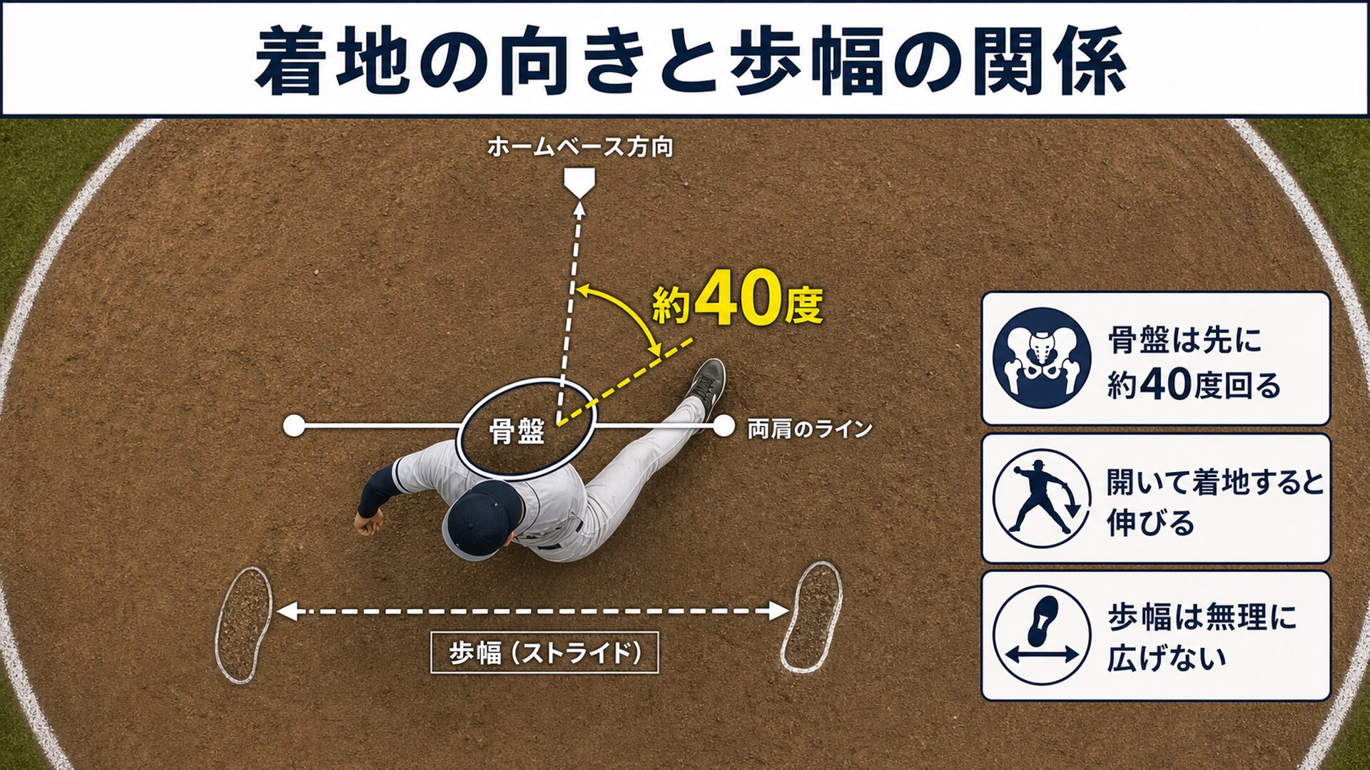 着地時に骨盤が約40度先行して回っていることを示す俯瞰図