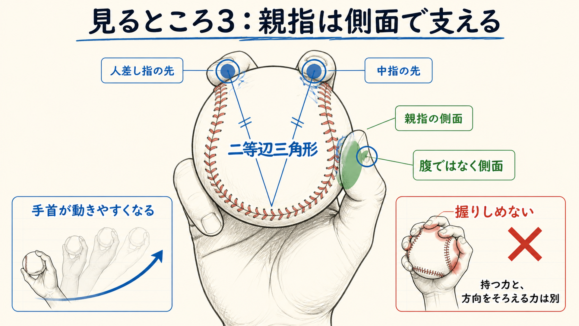 人差し指・中指・親指で二等辺三角形になる握りの図