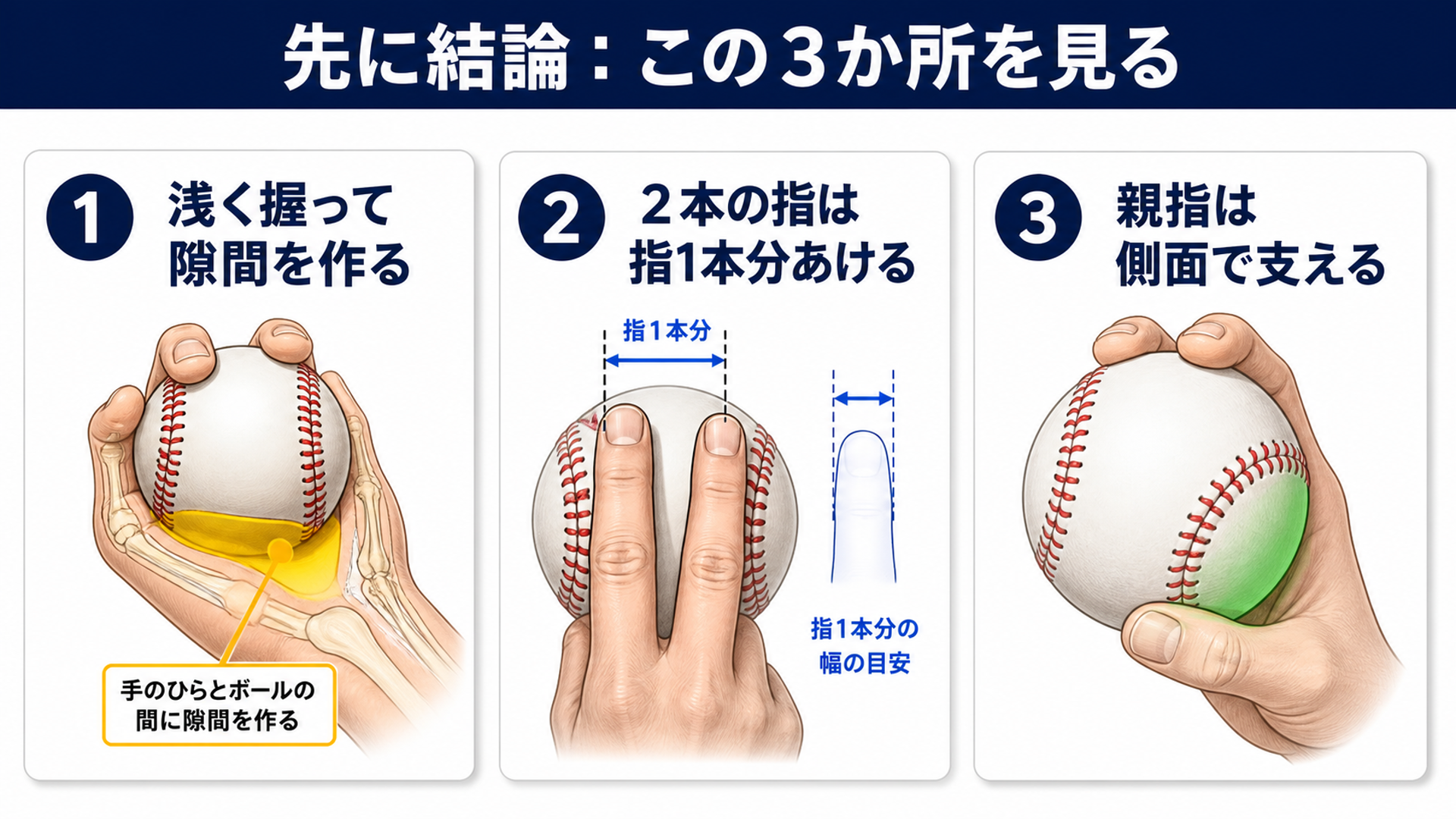 浅く握って隙間を作る・2本の指は指1本分あける・親指は側面で支えるの3つの図