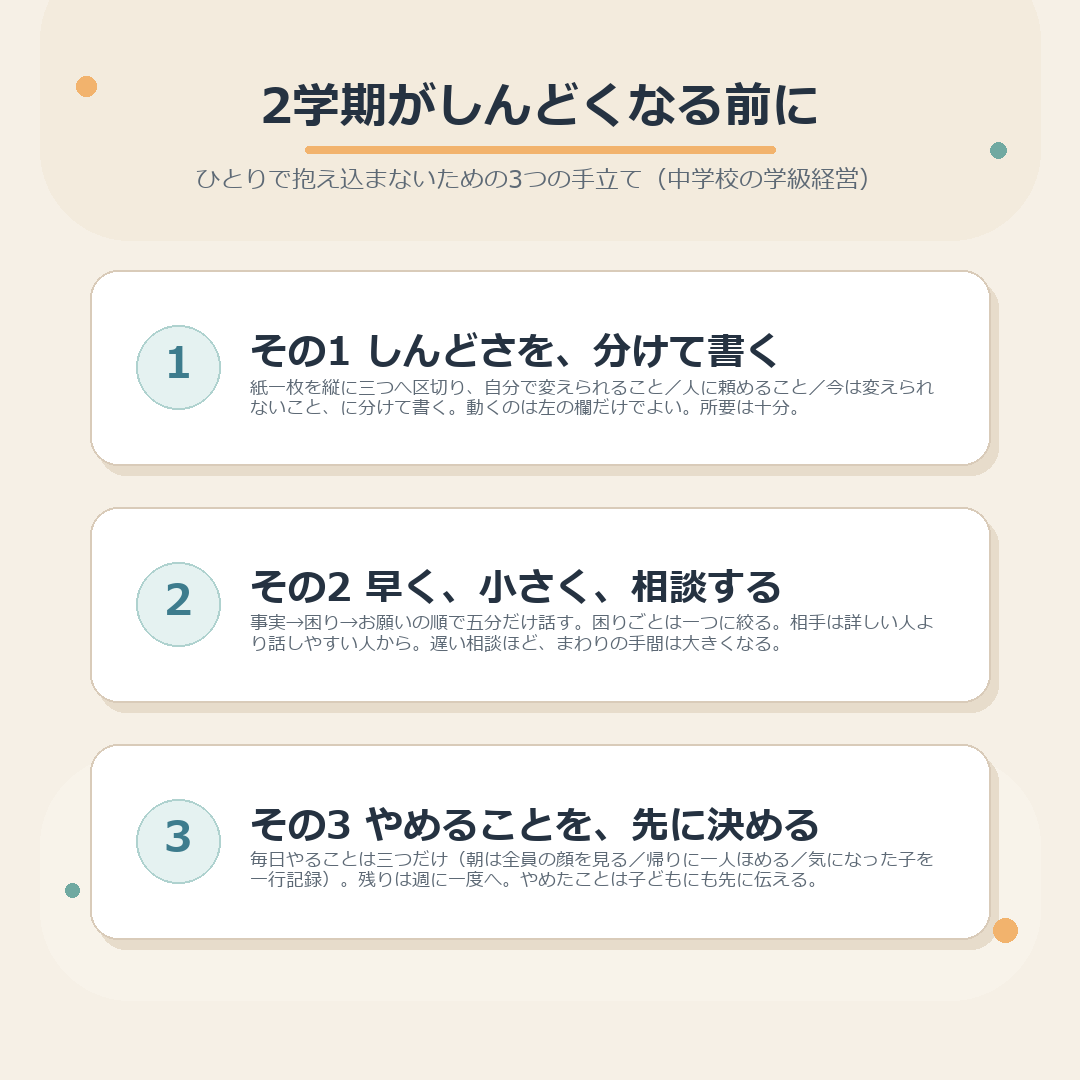 二学期に若手担任がひとりで抱え込まないための3つの手立てのまとめ
