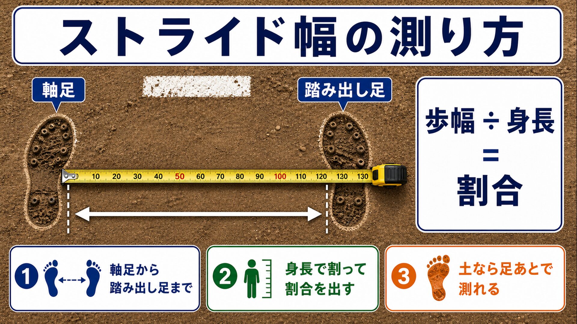ストライド幅の測り方を示す真上からの俯瞰図