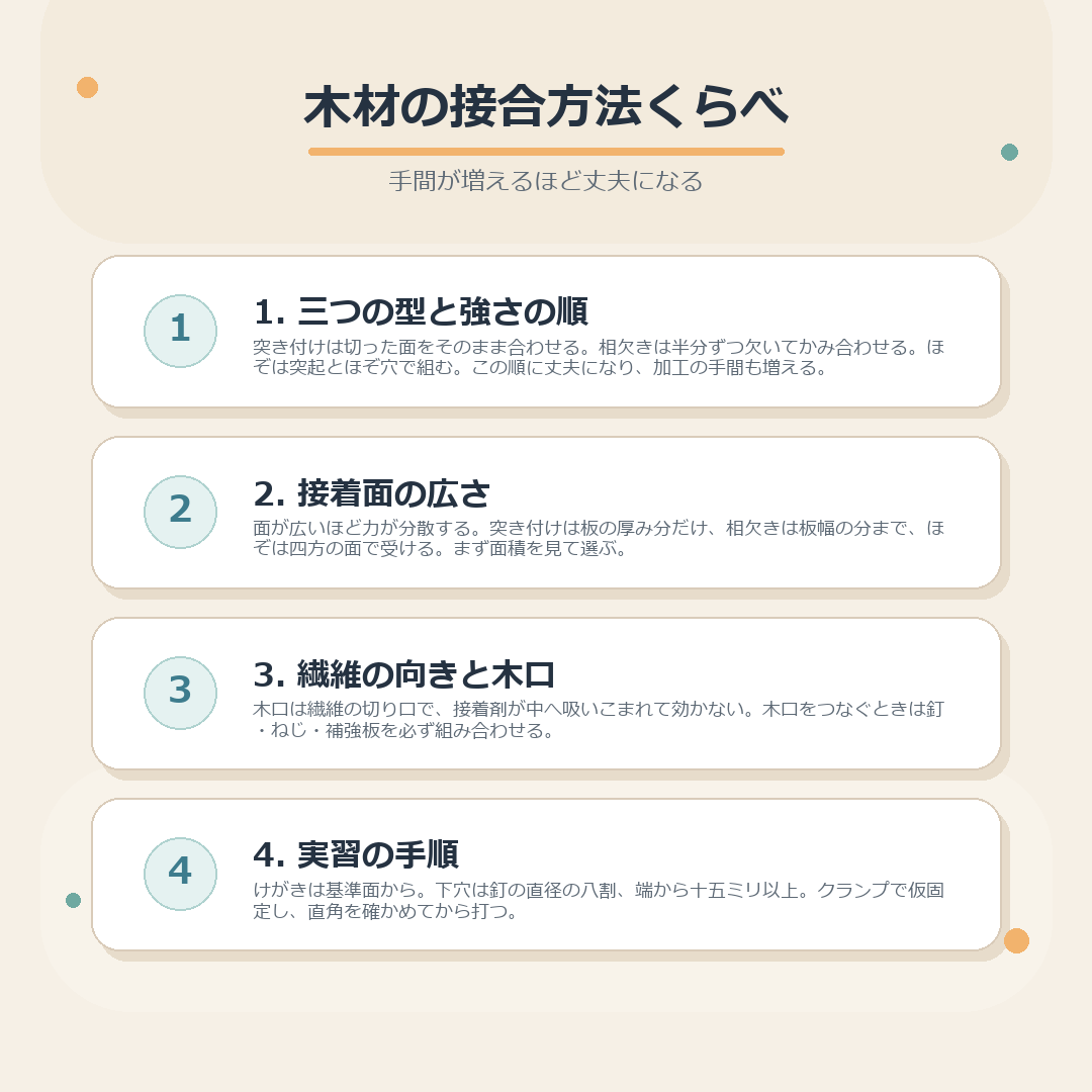 突き付け・相欠き・ほぞの違いと、強さを決める要素、実習の手順をまとめた図