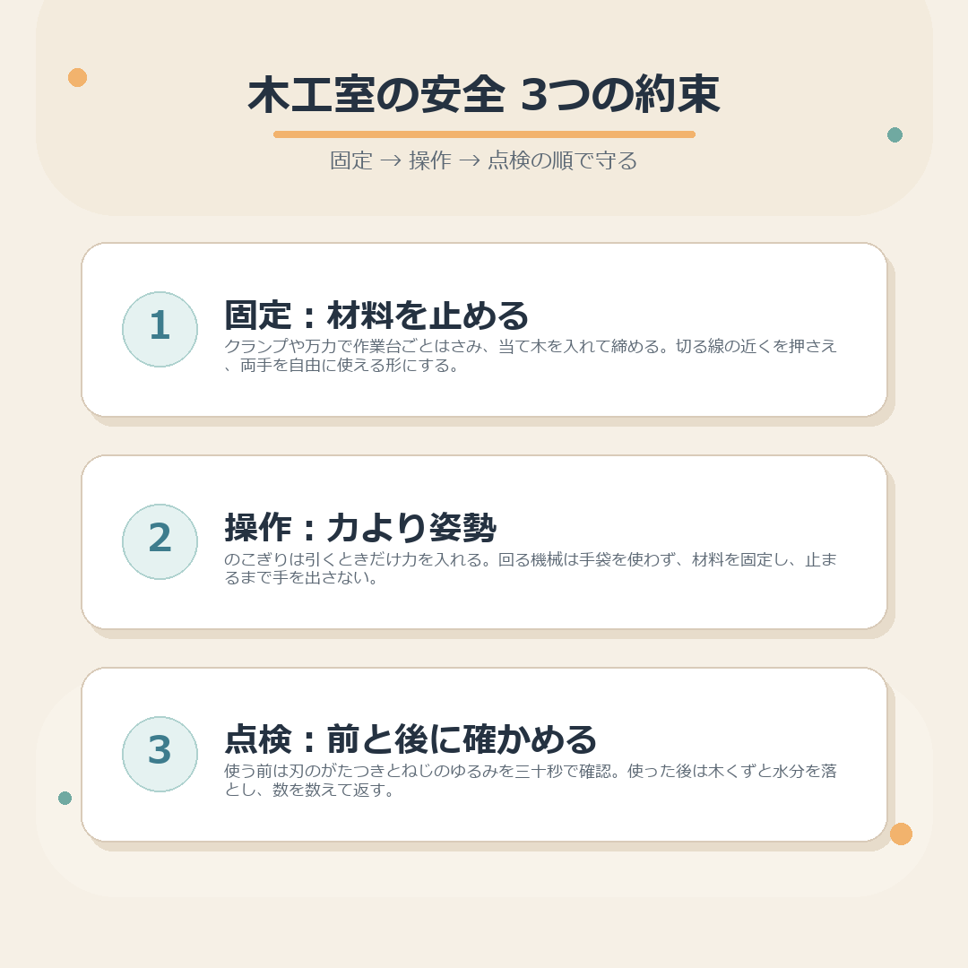 木工室の安全 固定・操作・点検の3つの約束のまとめ図