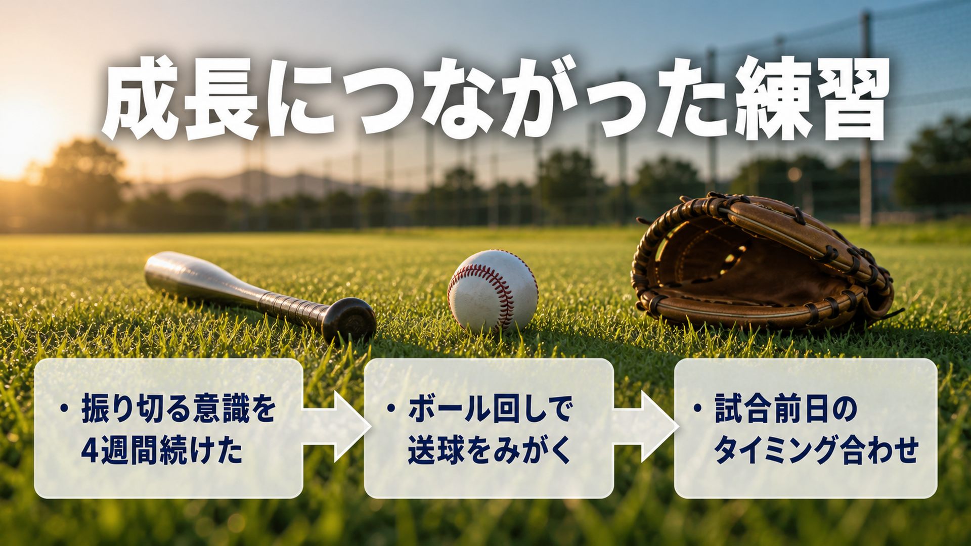練習の積み重ねが結果につながる流れを示す矢印フロー図のスライド