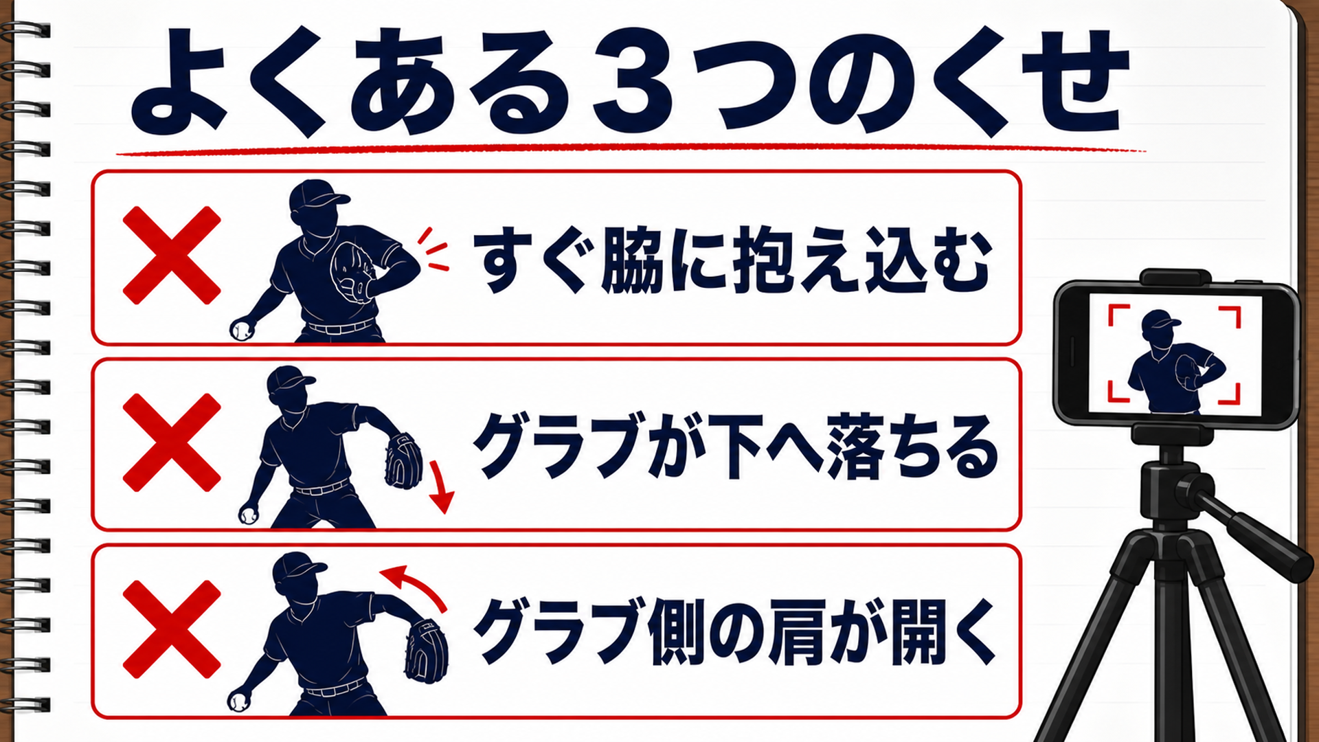 すぐ脇に抱え込む・グラブが下へ落ちる・グラブ側の肩が開くの3つのくせ
