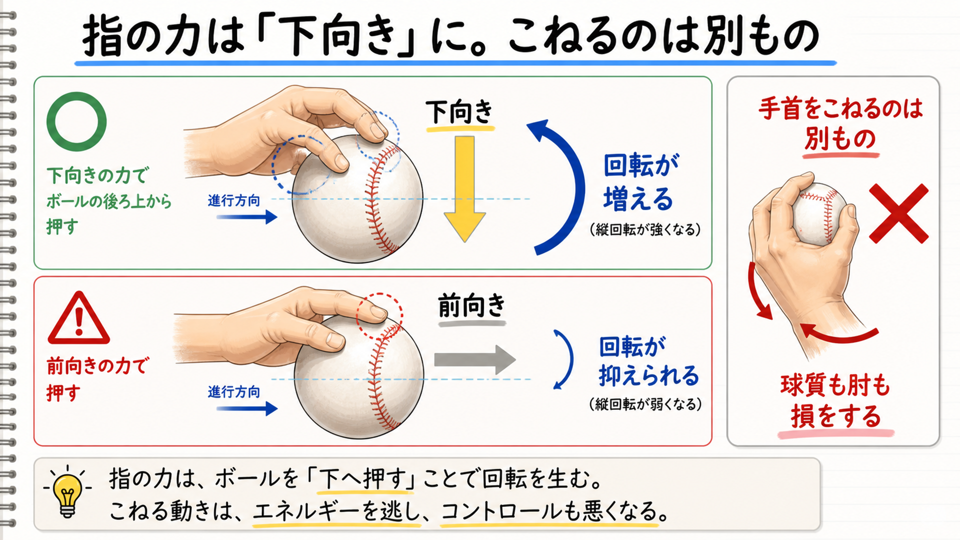 指の力が下向きだと回転が増え、前向きだと回転が減ることを示した図