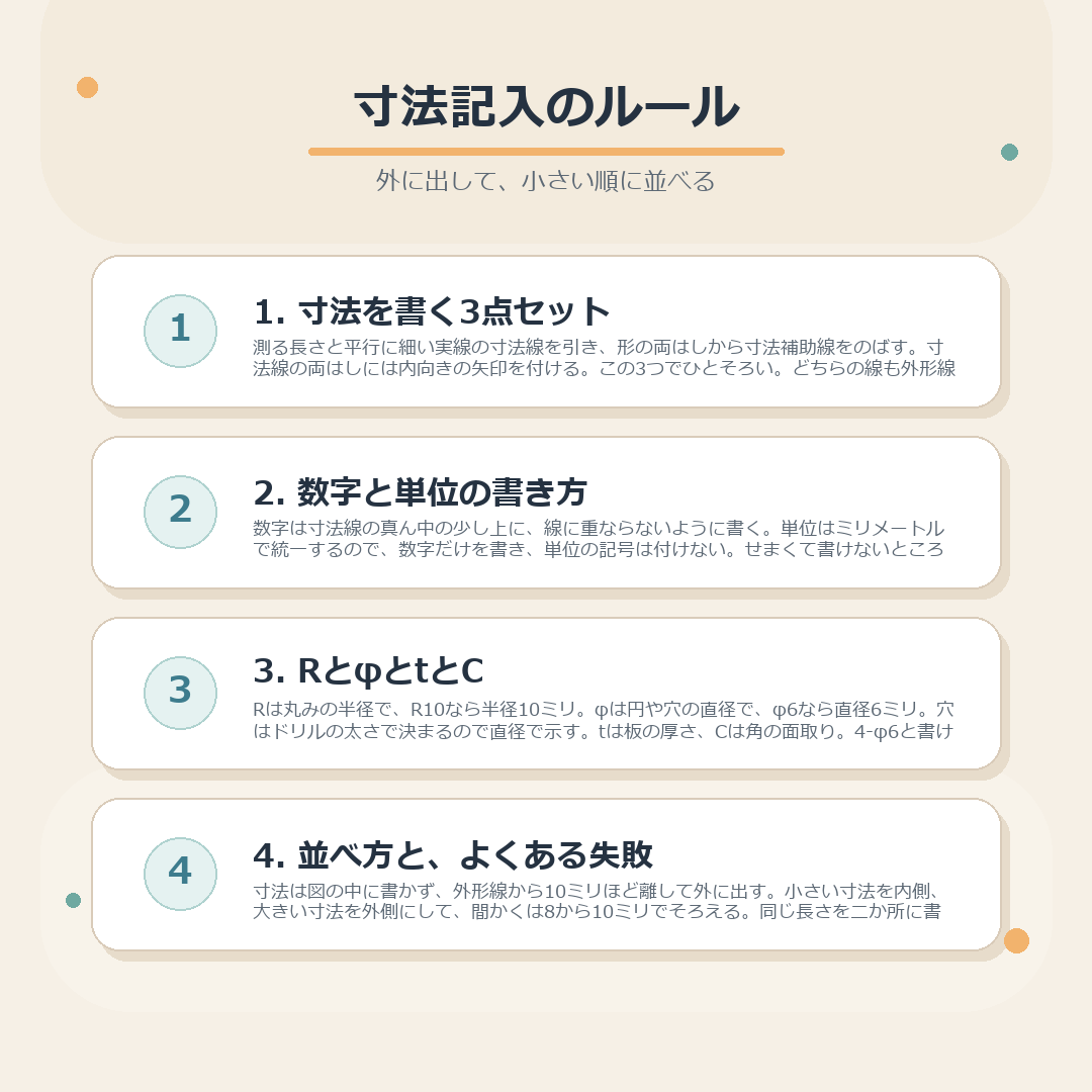 寸法線の3点セット、数字と単位の書き方、RとφとtとCの記号、寸法の並べ方とよくある失敗をまとめた図
