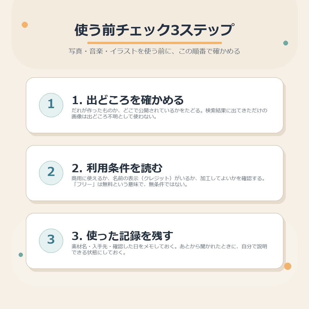 写真や音楽を使う前に確かめる3つの手順のまとめ