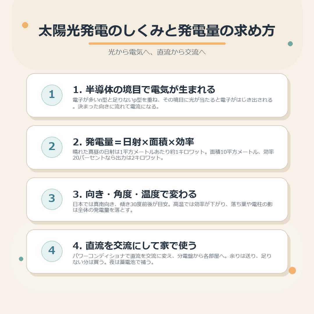 太陽光発電のしくみと発電量の求め方のまとめ図
