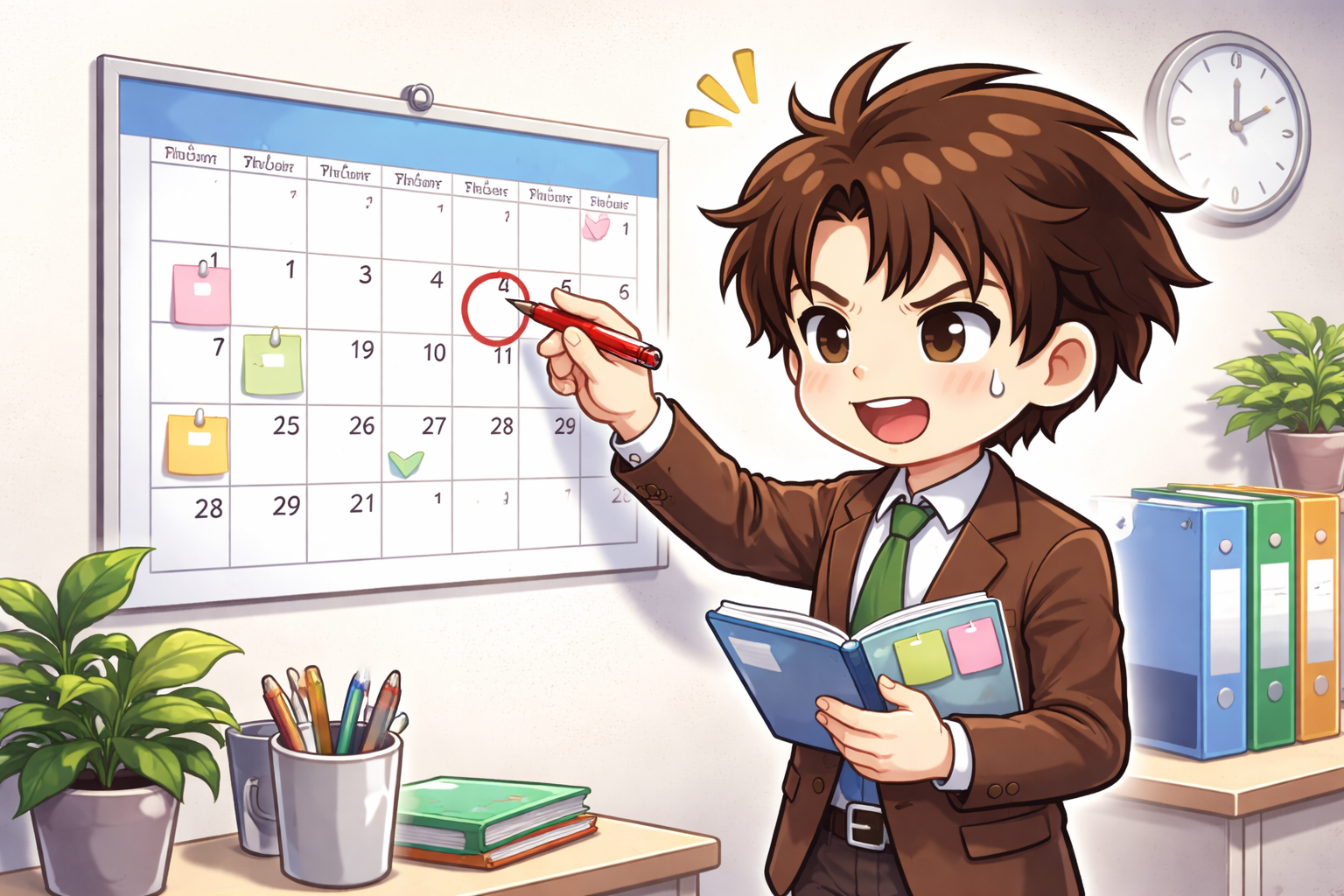 手帳を見ながら見通しを立てる先生