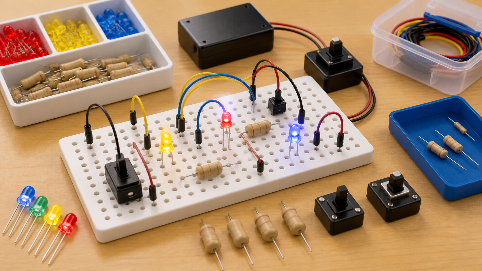 LEDと保護抵抗の部品を並べた場面