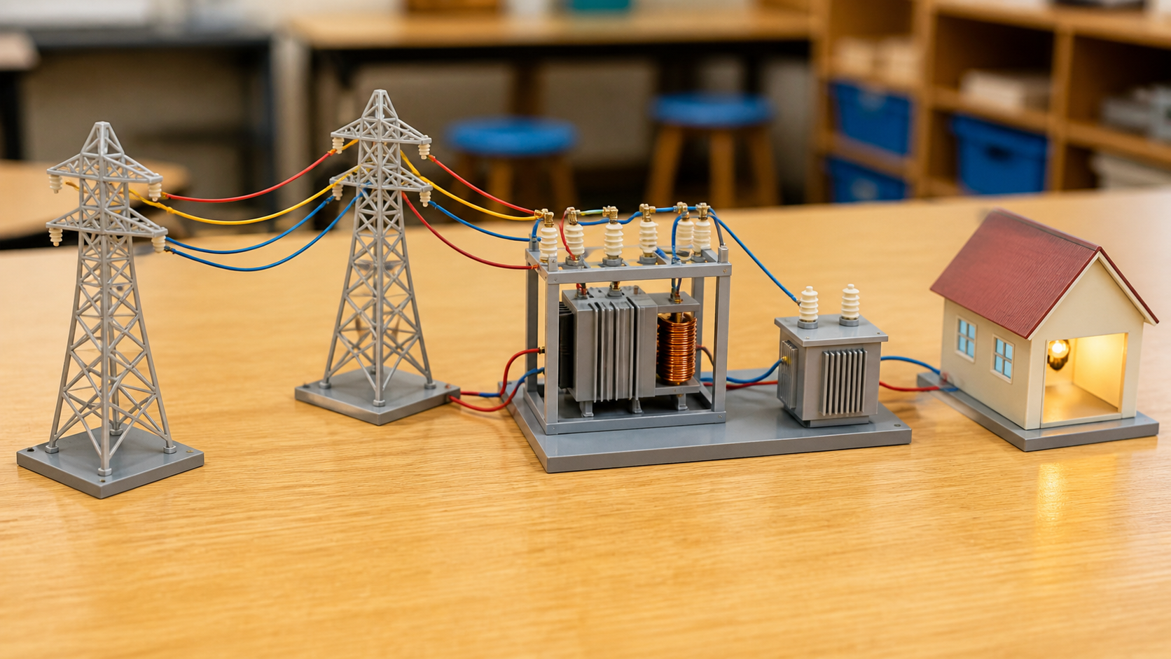鉄塔と変電所の模型を使って送電のしくみを確かめる場面