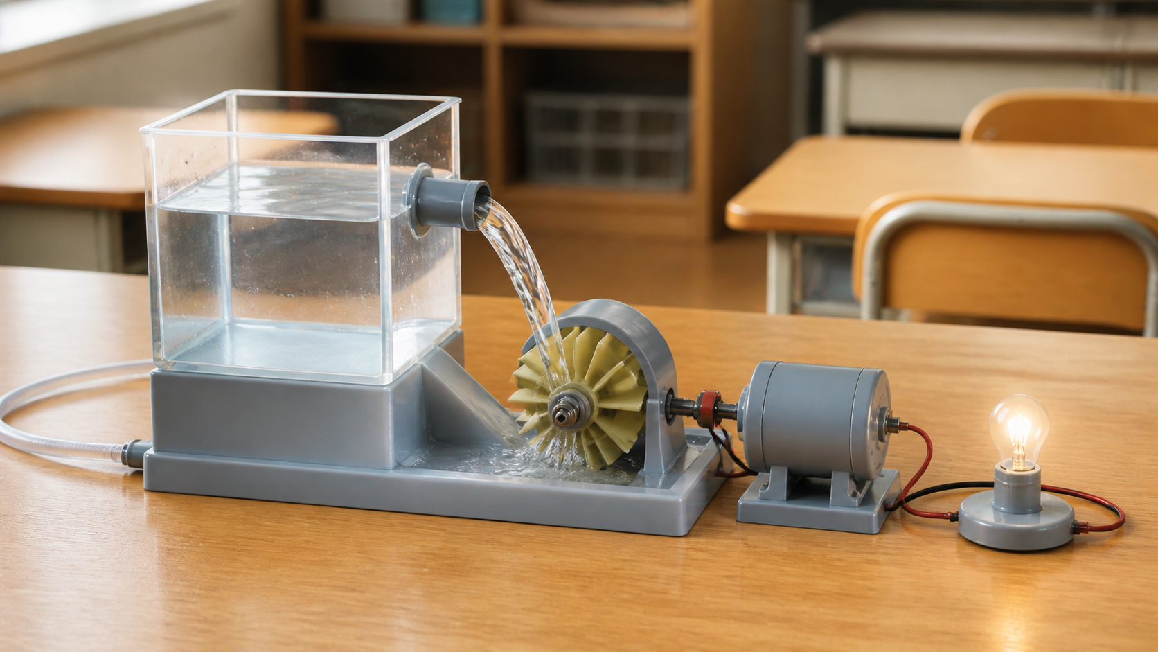 水車を回して電気をつくる水力発電の模型を確かめる授業の場面