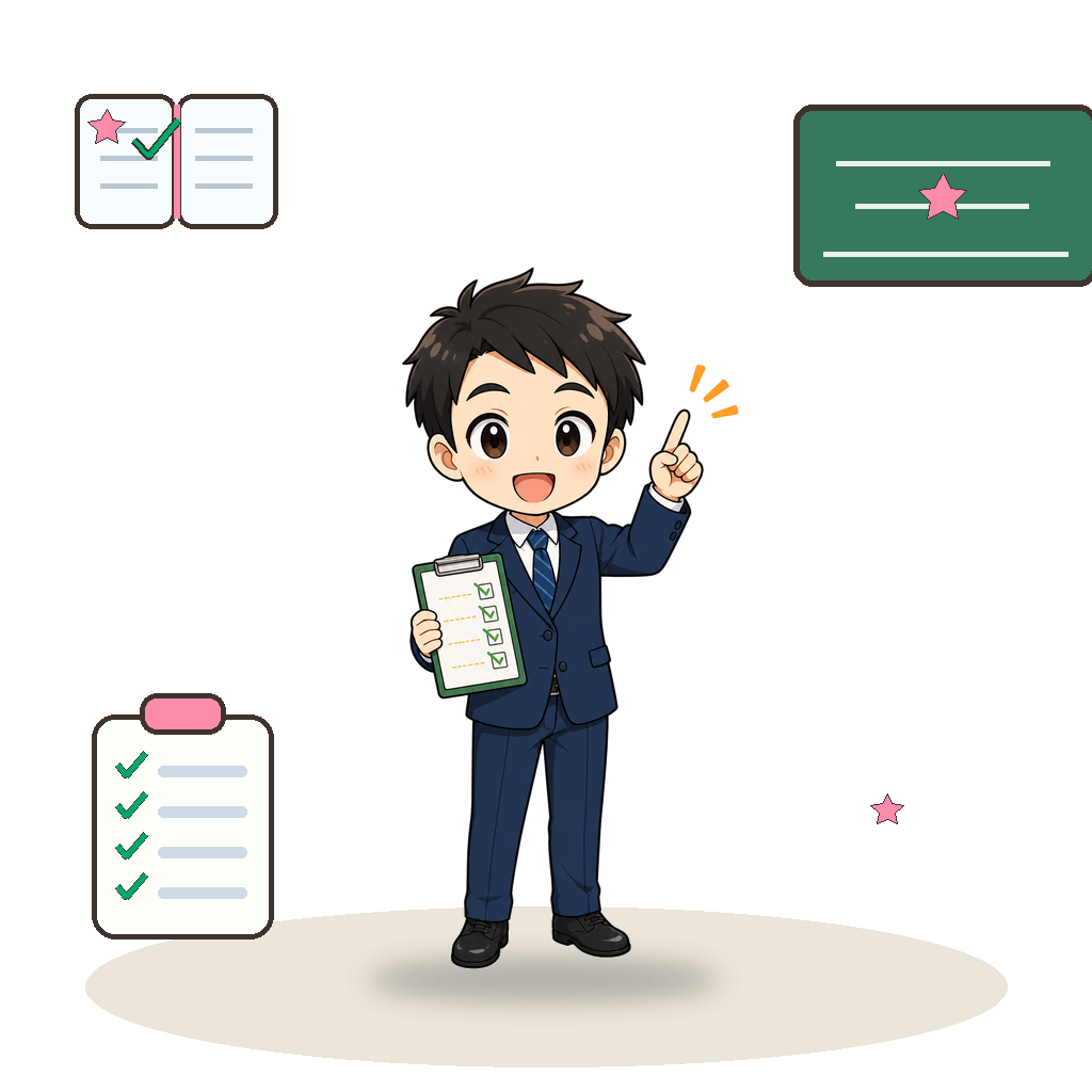 チェック表を示しながら説明する先生のイラスト
