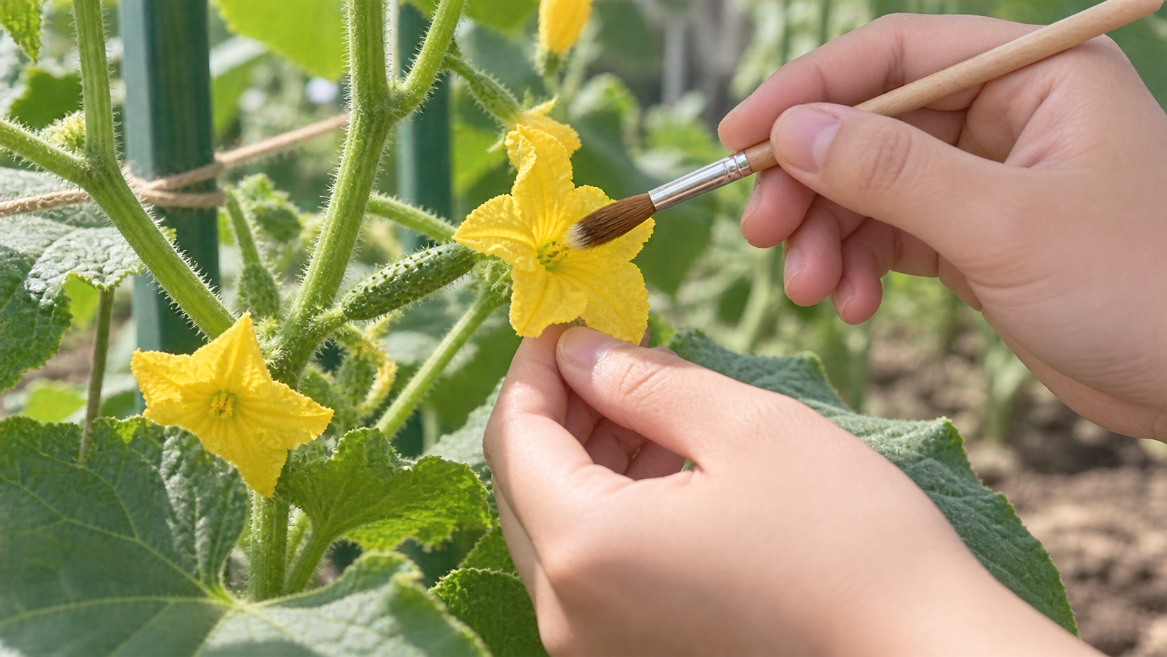 朝の日ざしのなかで、生徒が野菜の苗に水やりをしている実習の場面