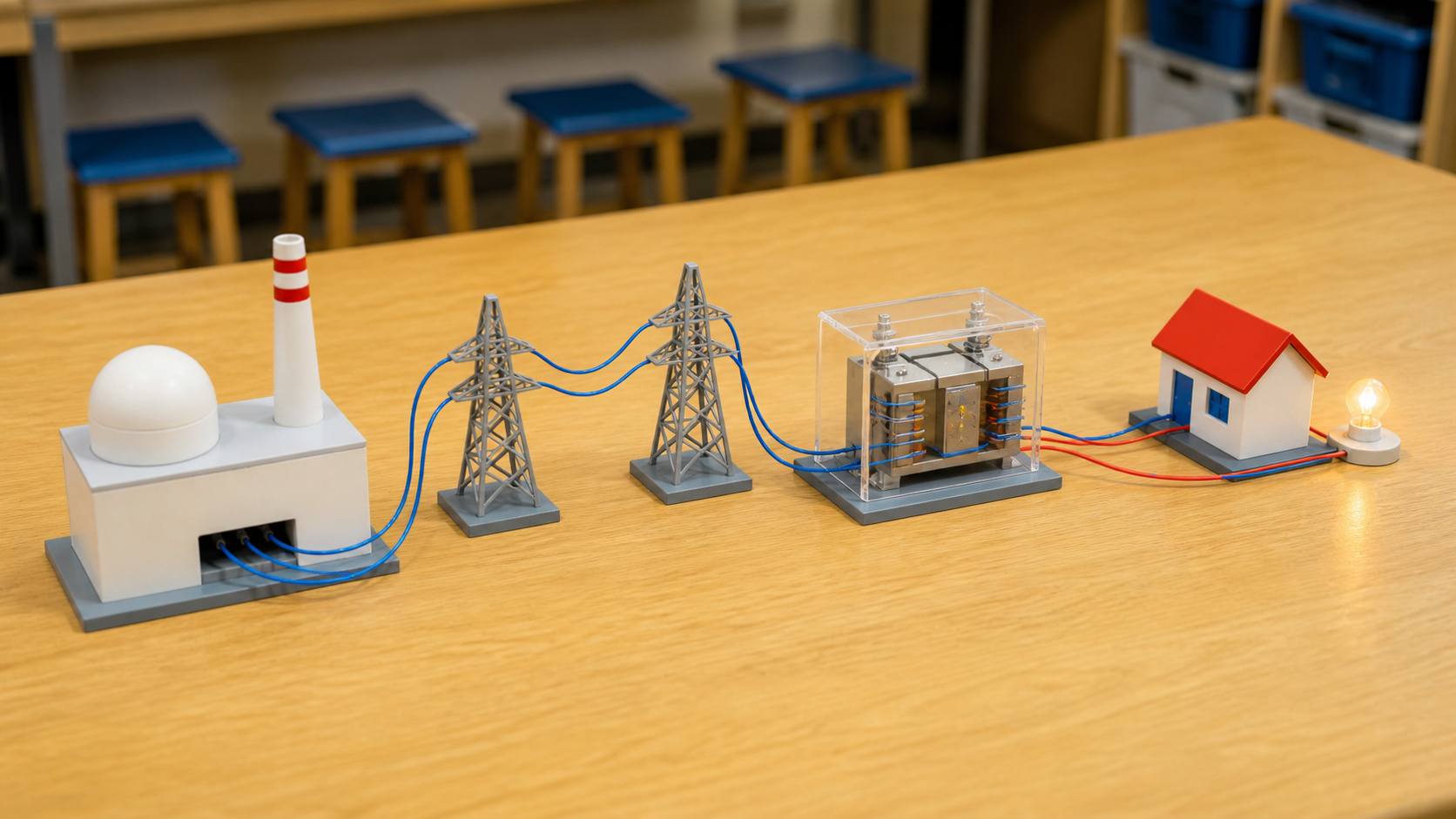 発電所から家庭まで電気が届く道すじを模型で確かめる場面