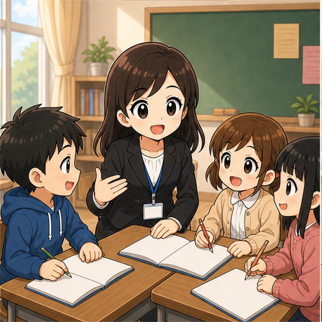 先生と生徒たちがグループで楽しく話し合っている場面