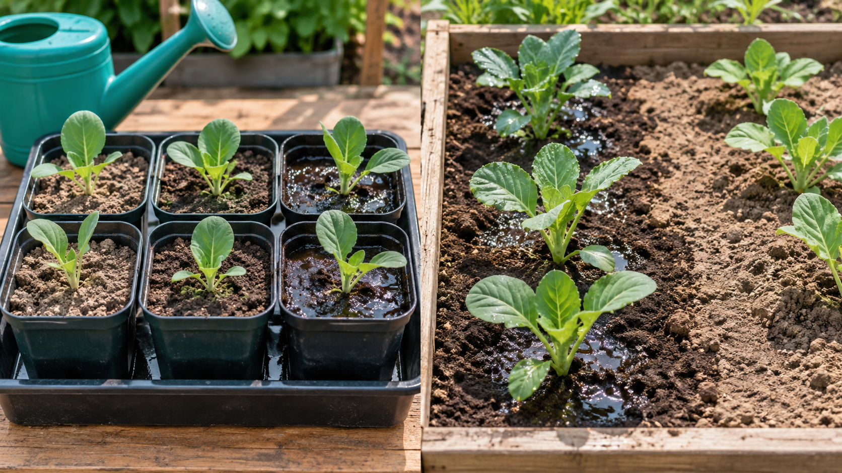 鉢植えと畑で水やりのやり方をくらべているようす