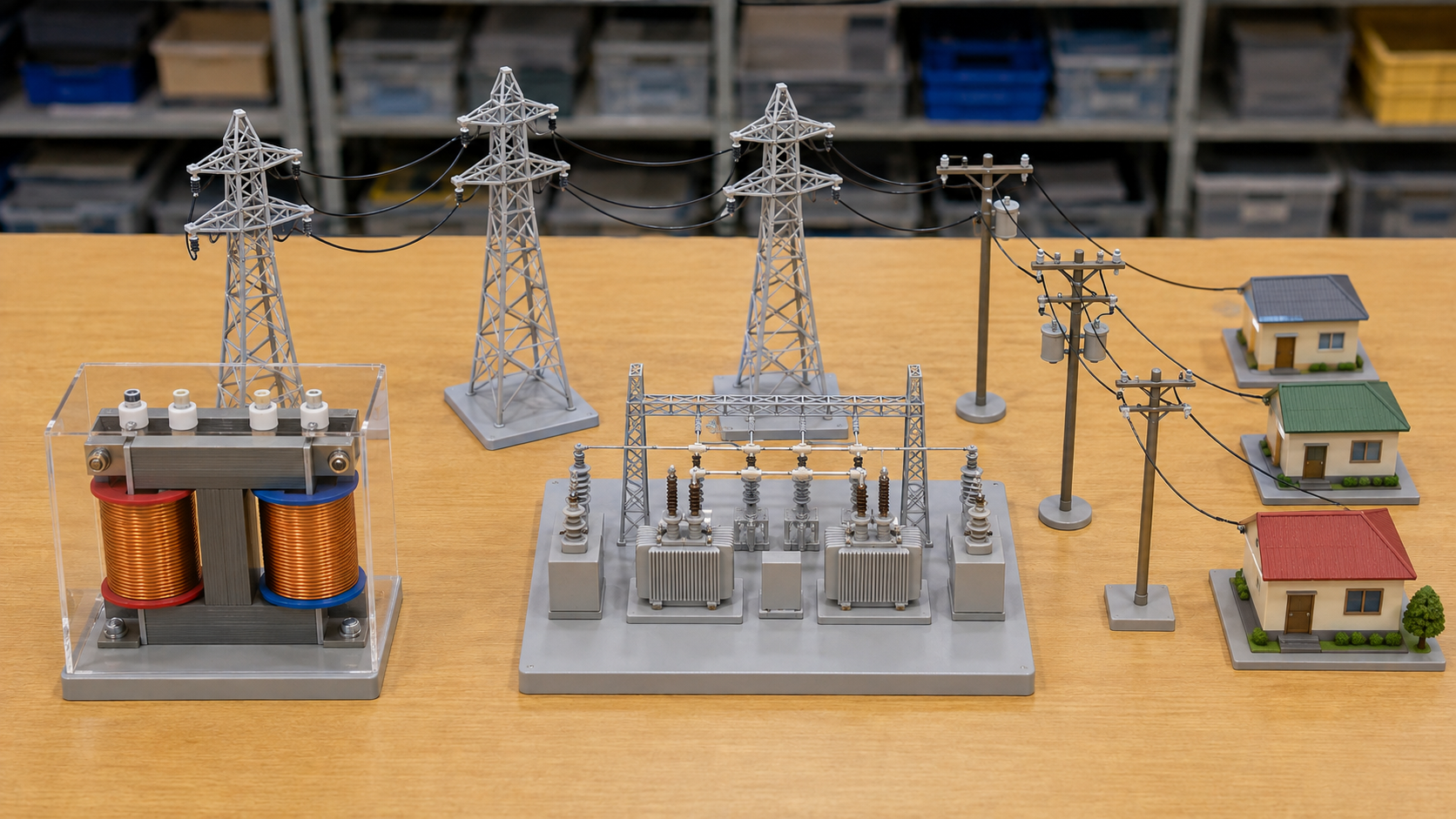 送電と変圧の仕組みを模型で確かめる場面