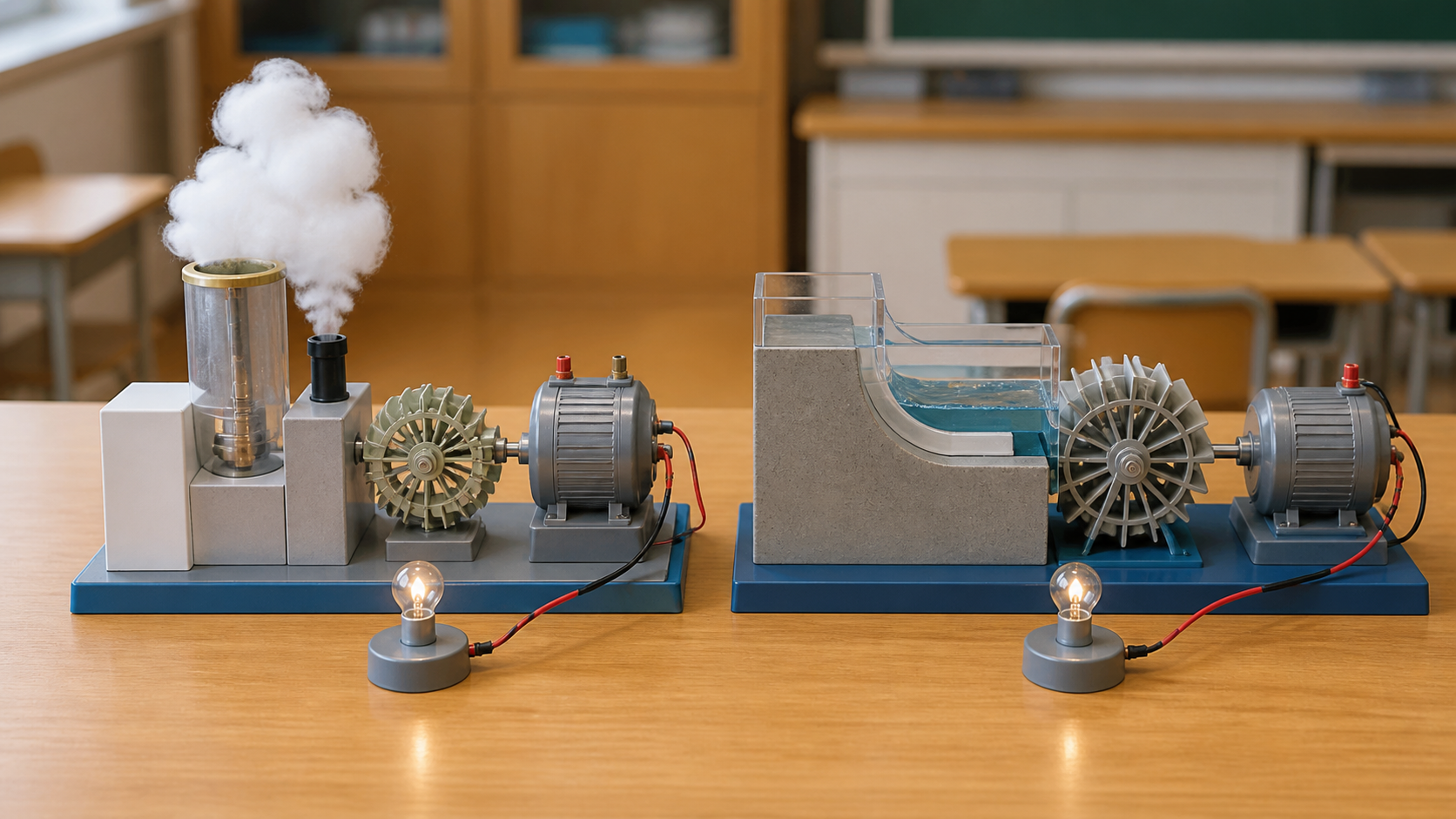 火力発電のタービンと水力発電の水車を見くらべる授業の場面