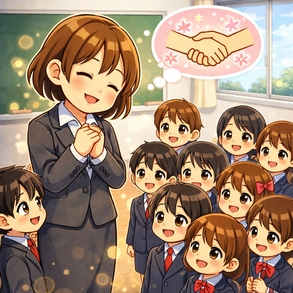 笑顔で過ごす先生と生徒たちのイラスト