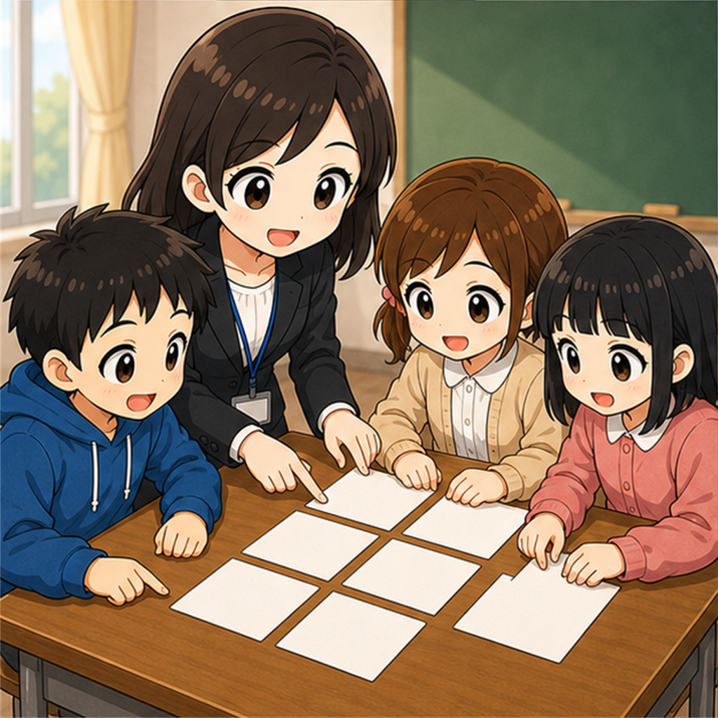 先生と子どもたちがカードを並べて振り返りをしている場面