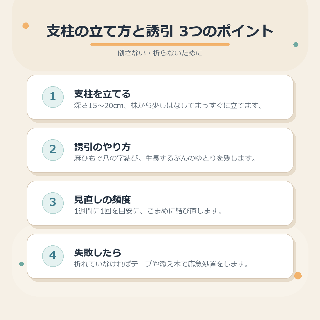 支柱の立て方と誘引3つのポイントのまとめ図