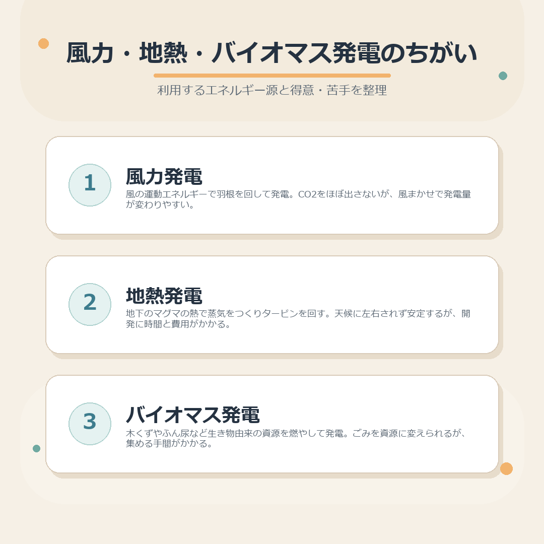 風力・地熱・バイオマス発電のちがいのまとめ