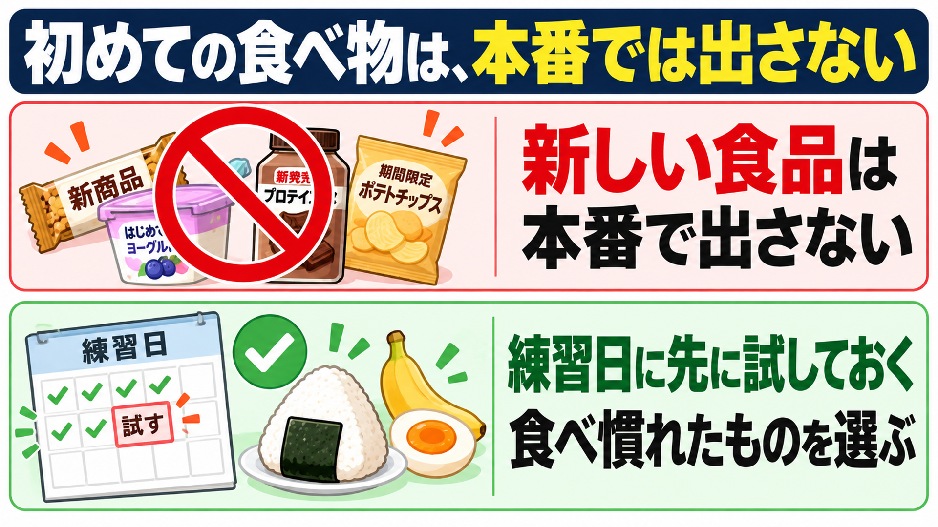 初めての食べ物は、本番では出さない