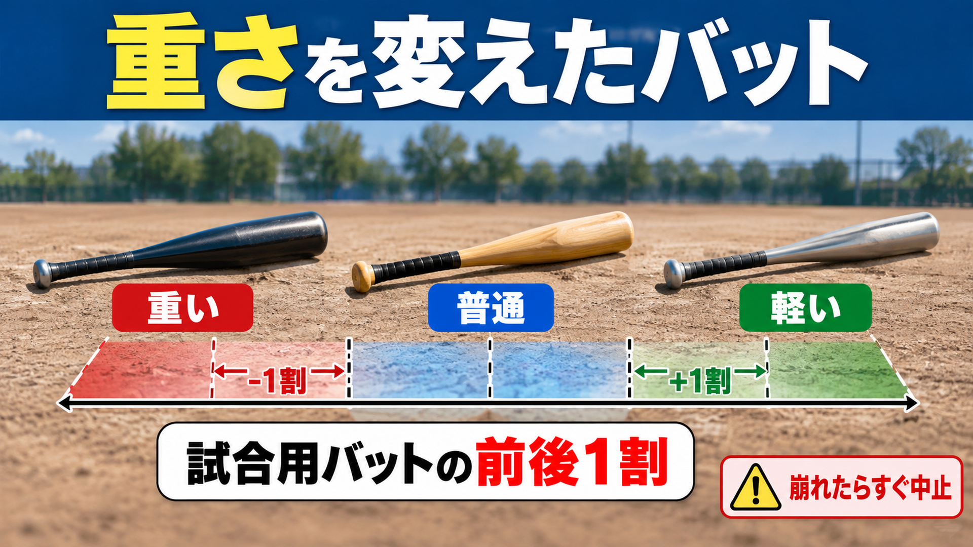 重さを変えたバット・試合用バットの前後1割・崩れたらすぐ中止
