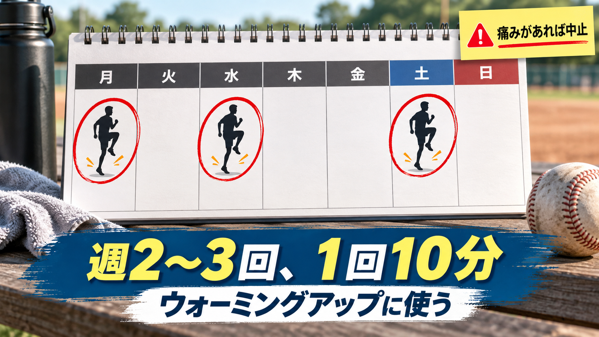 週2〜3回、1回10分・ウォーミングアップに使う・痛みがあれば中止