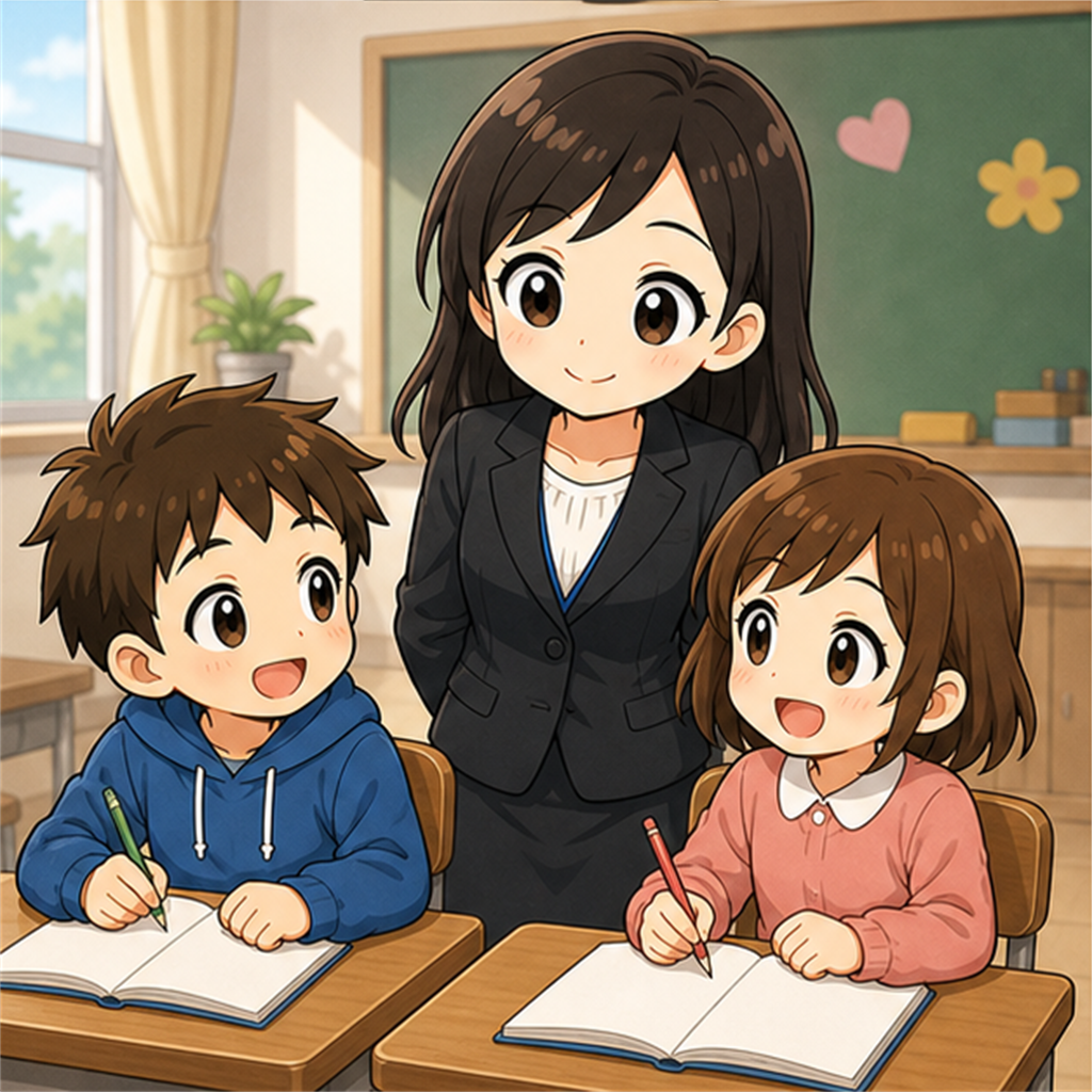 先生と二人の児童が笑顔で並んでいる様子