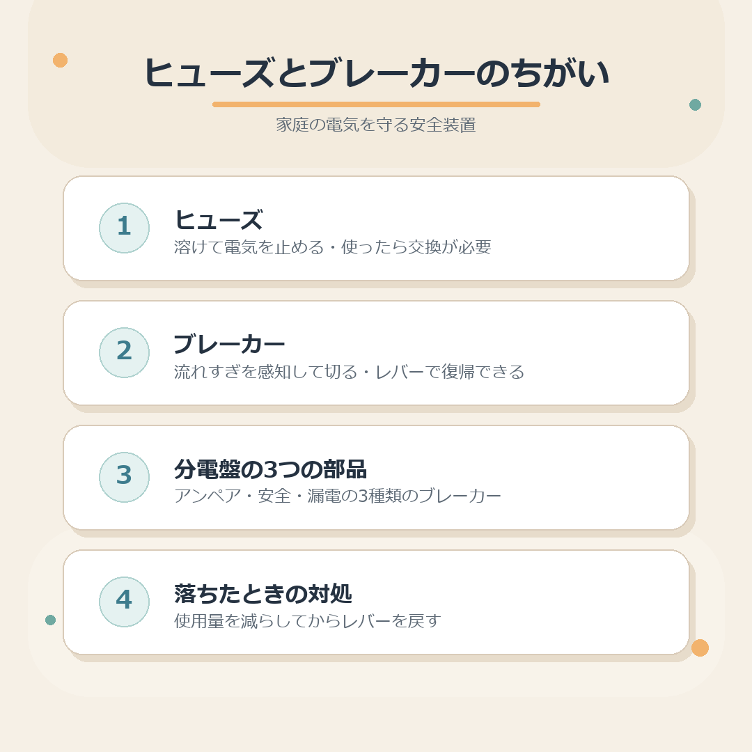 ヒューズとブレーカー4つのポイントのまとめ図