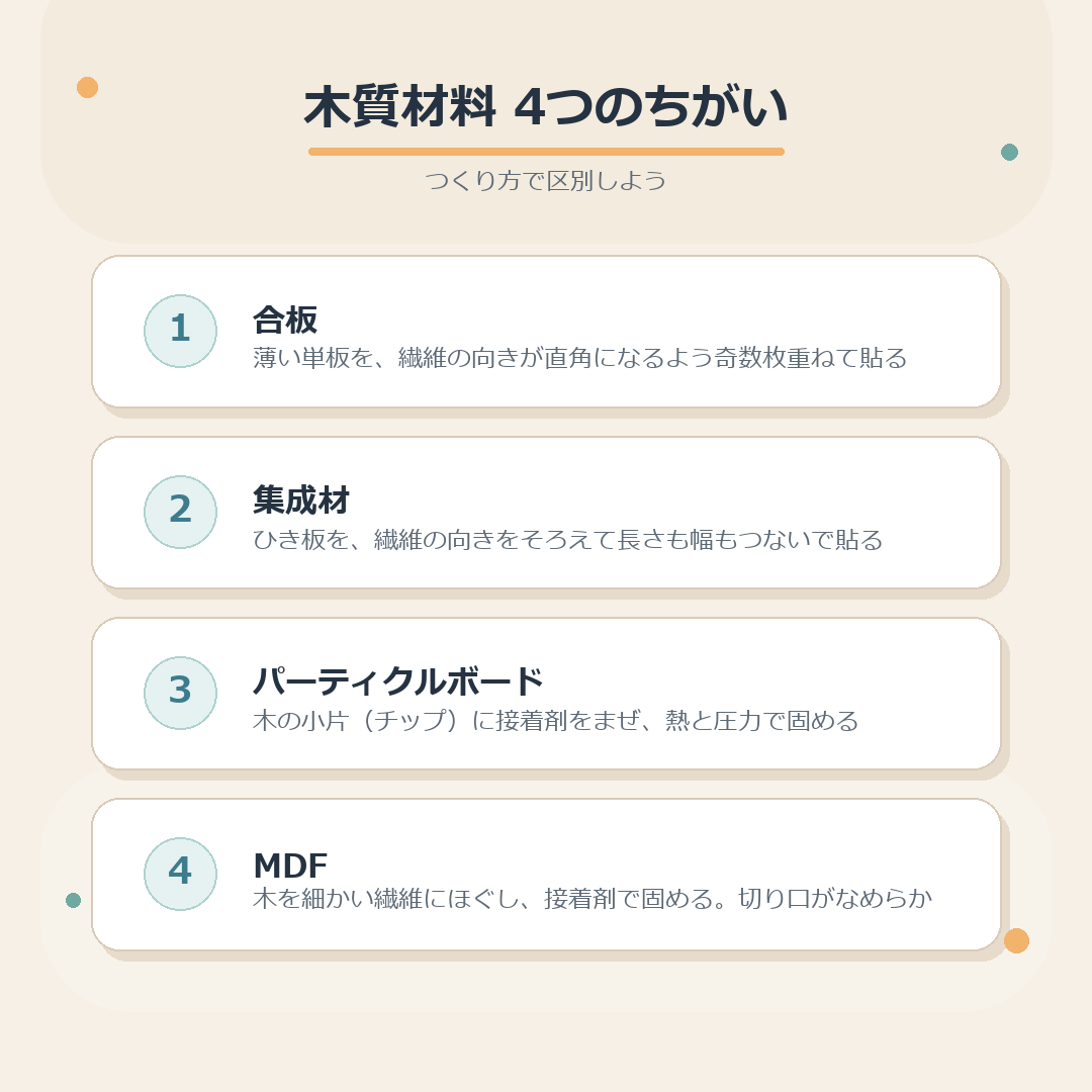 合板・集成材・パーティクルボード・MDFのつくり方のちがいをまとめた図