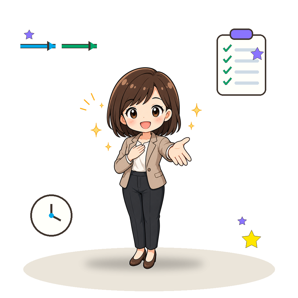hkbank 統合 仕事の流れ ベージュ女性 手を差し出す 左寄せ 紫 星付き