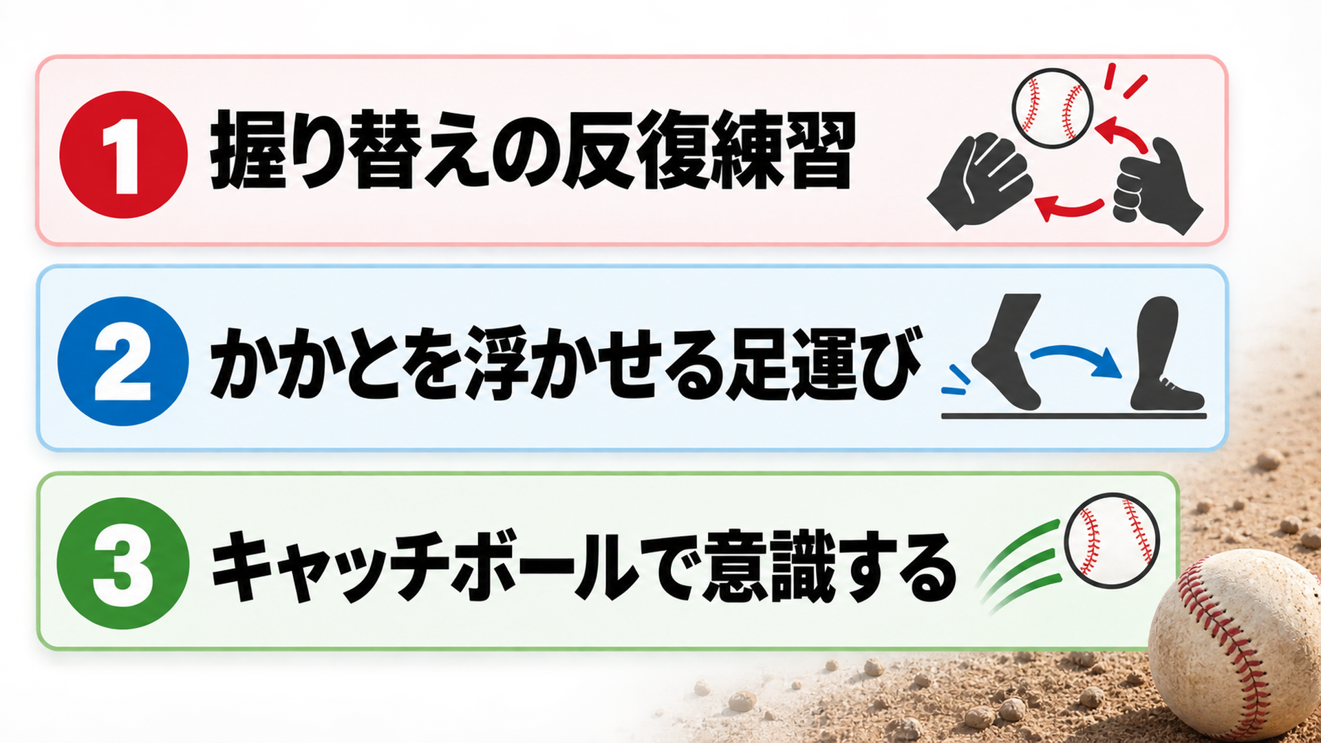 握り替えの反復練習・かかとを浮かせる足運び・キャッチボールで意識する