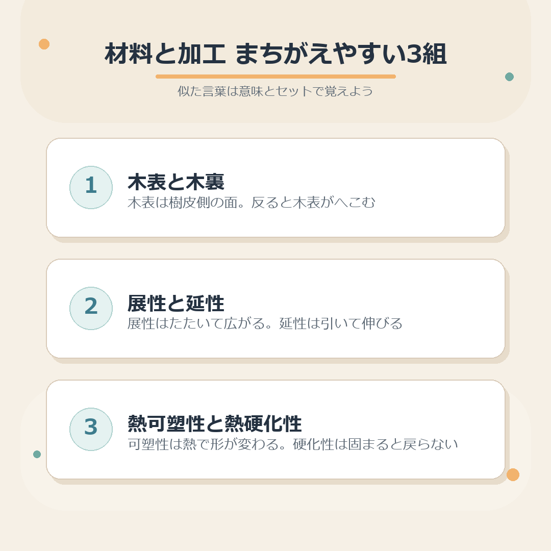 木表と木裏、展性と延性、熱可塑性と熱硬化性の違いをまとめた図