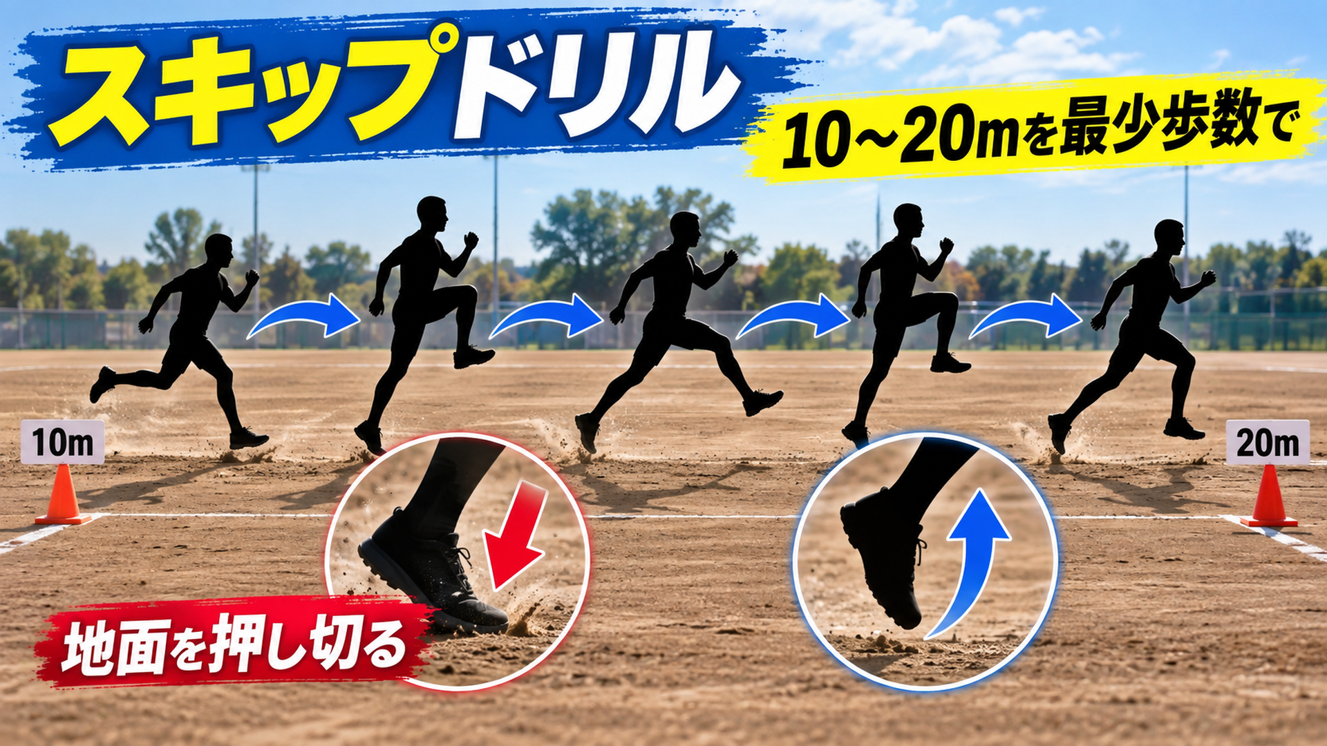 スキップドリル・10〜20mを最少歩数で・地面を押し切る