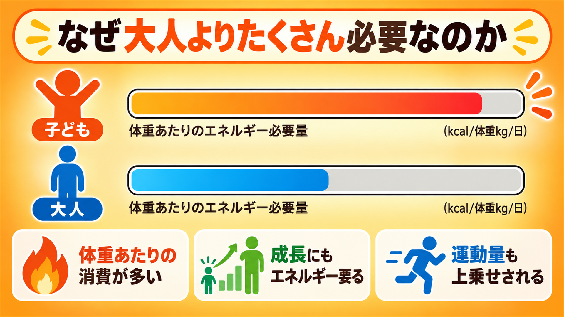 体重あたりの消費が多い・成長にもエネルギーが要る・運動量も上乗せされることを示す図