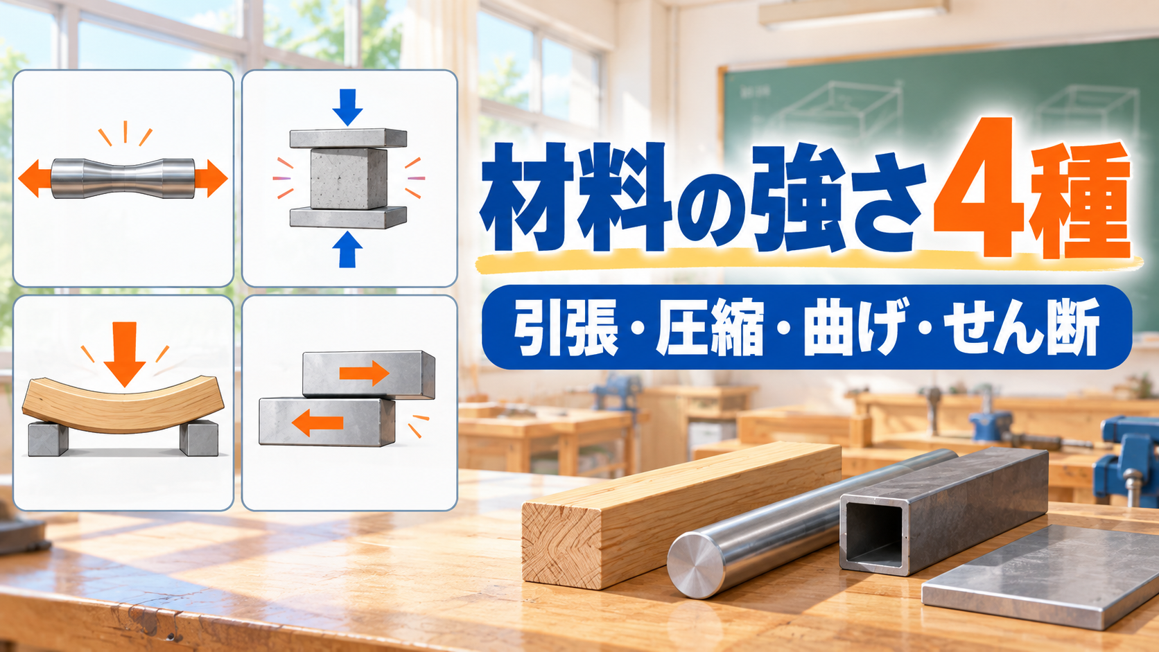 材料の強さ4種の違い｜引張・圧縮・曲げ・せん断を中学生向けに解説