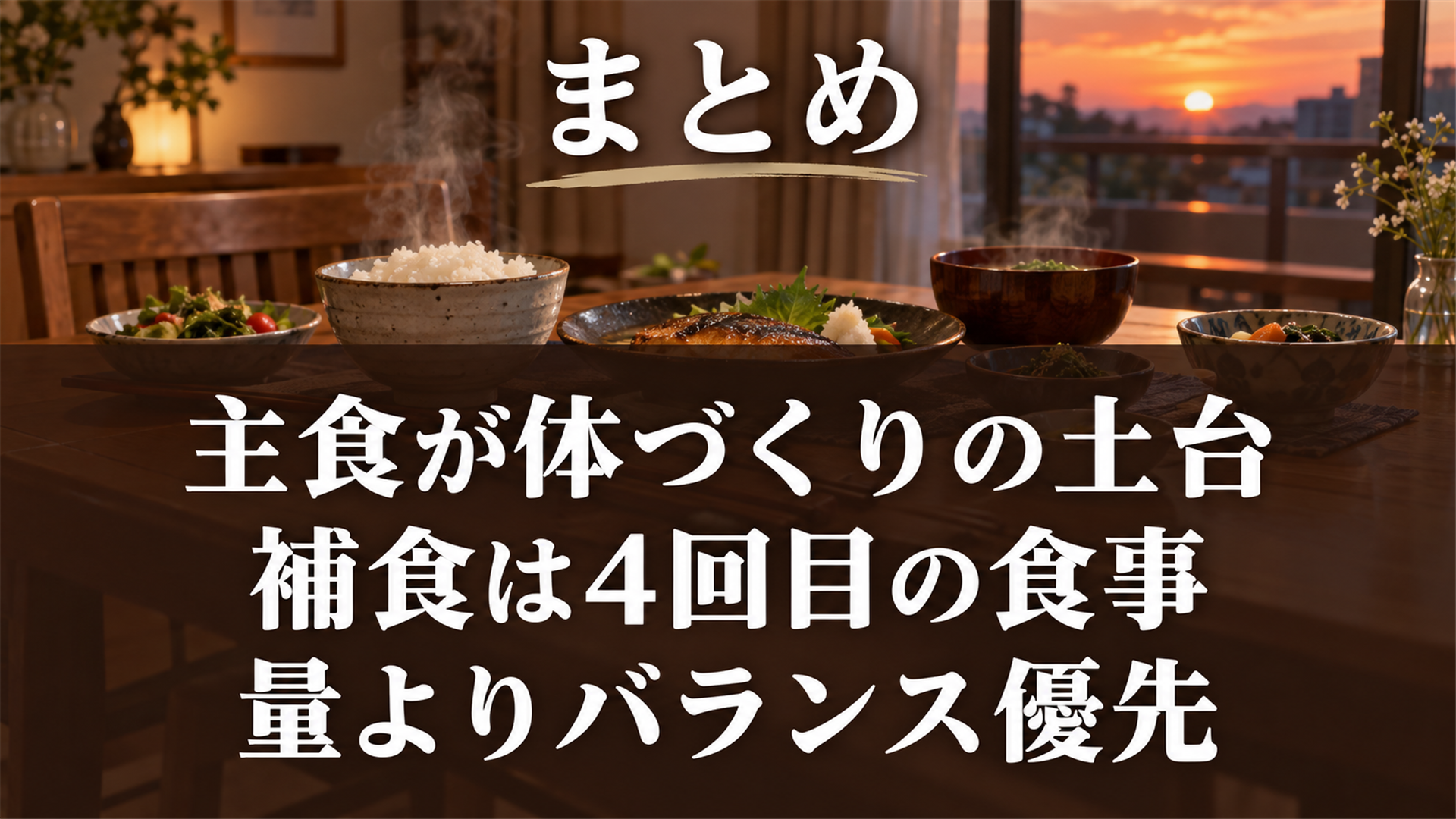 主食が体づくりの土台・補食は4回目の食事・量よりバランス優先というまとめ図