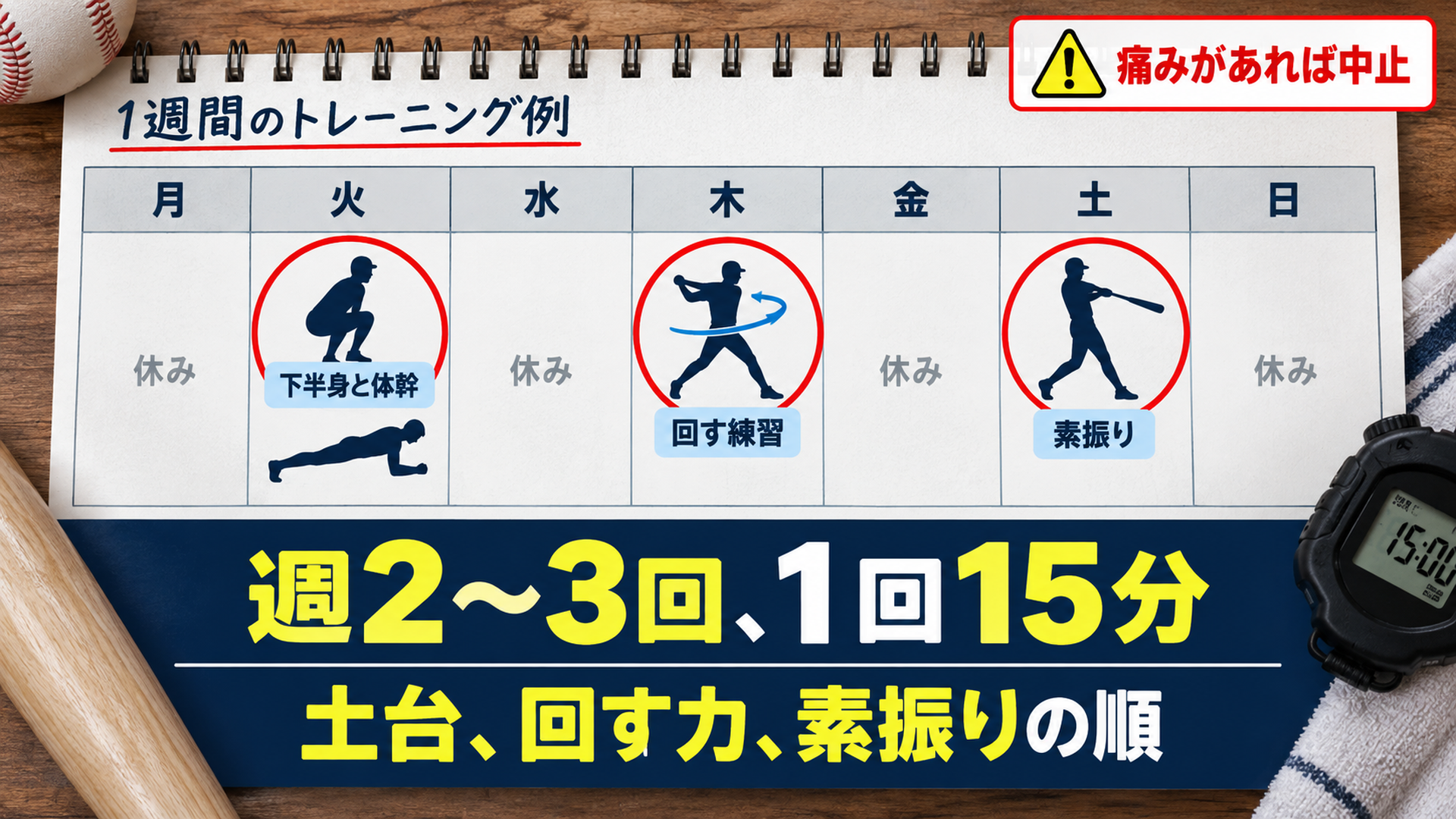 週2〜3回、1回15分・土台、回す力、素振りの順・痛みがあれば中止