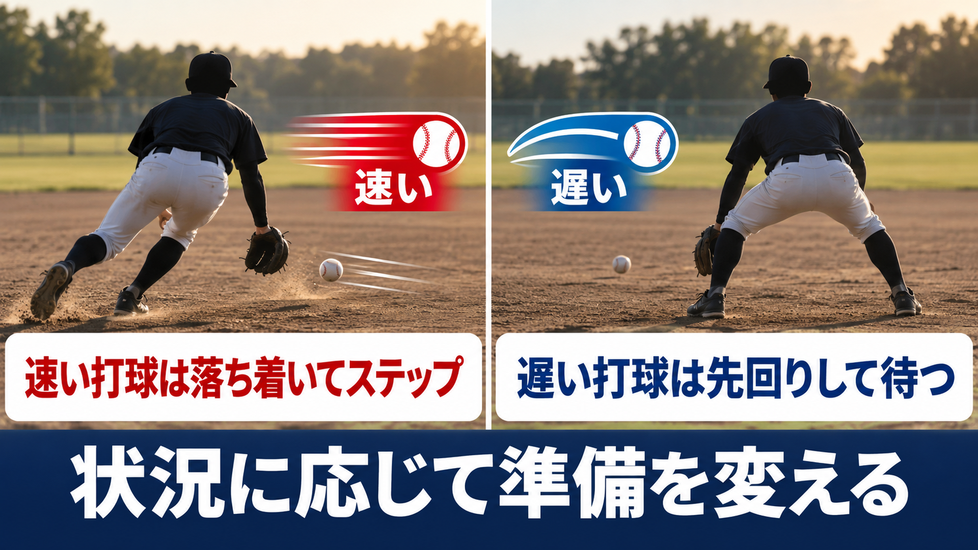 速い打球は落ち着いてステップ・遅い打球は先回りして待つ・状況に応じて準備を変える