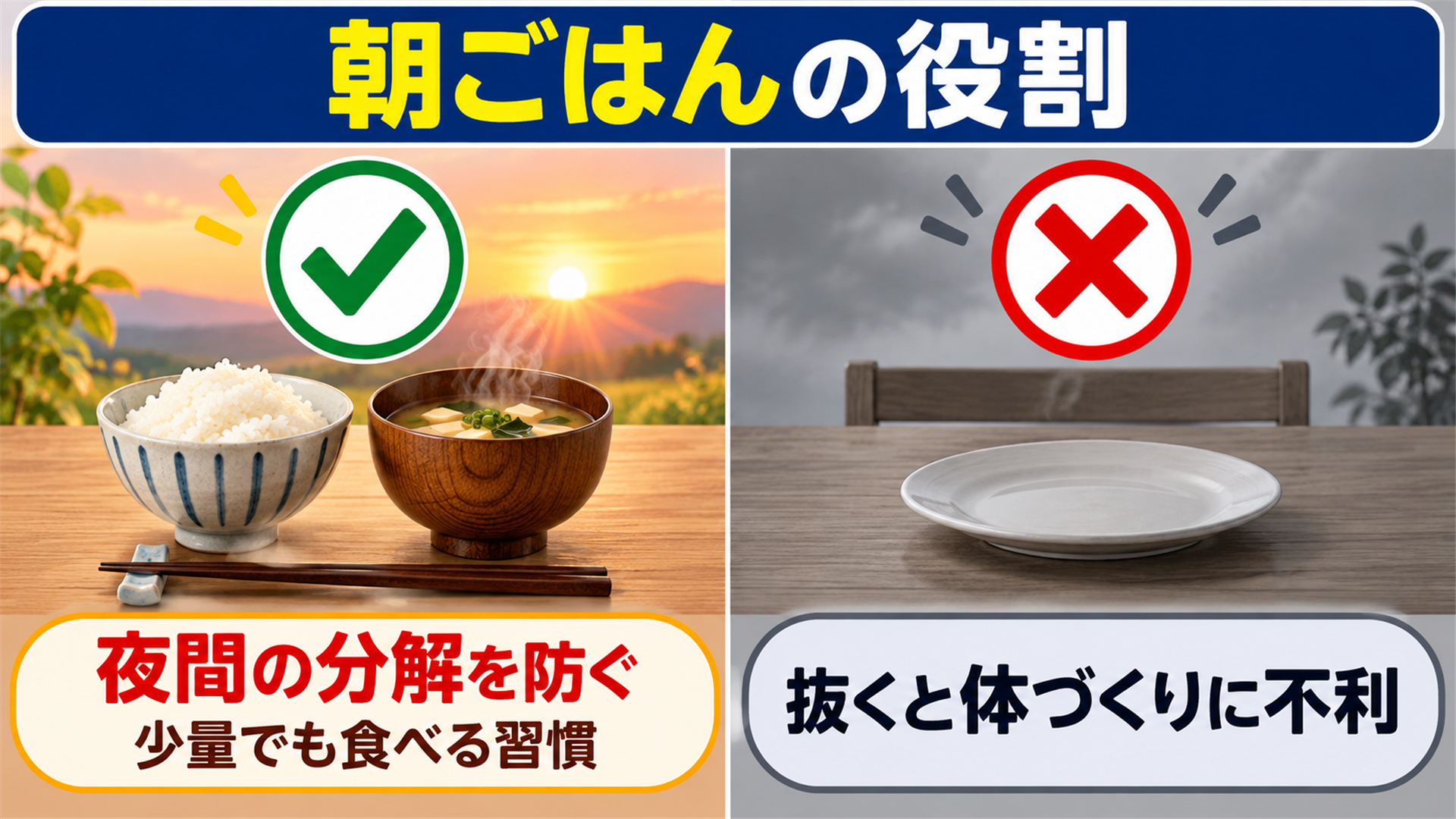 朝ごはんが夜間の体の分解を防ぐことを示す比較図