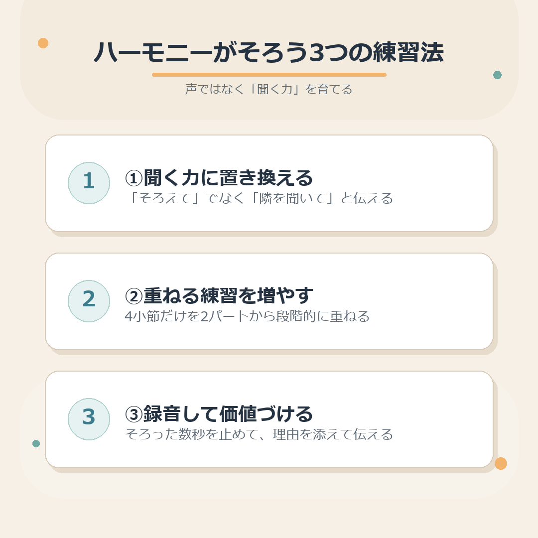 ハーモニーがそろう3つの練習法のまとめ図