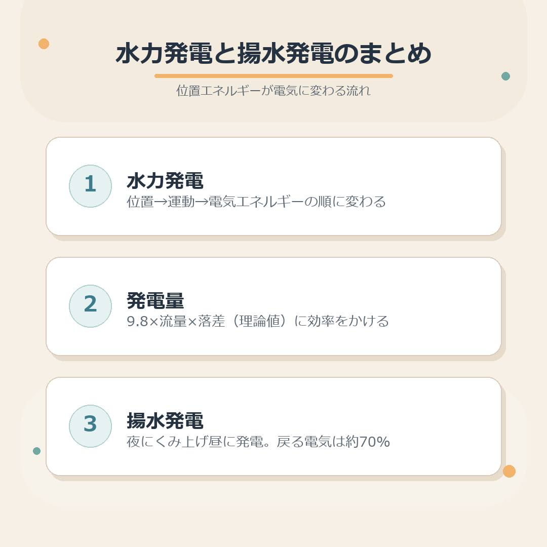 水力発電と揚水発電のエネルギーの流れと発電量をまとめた図