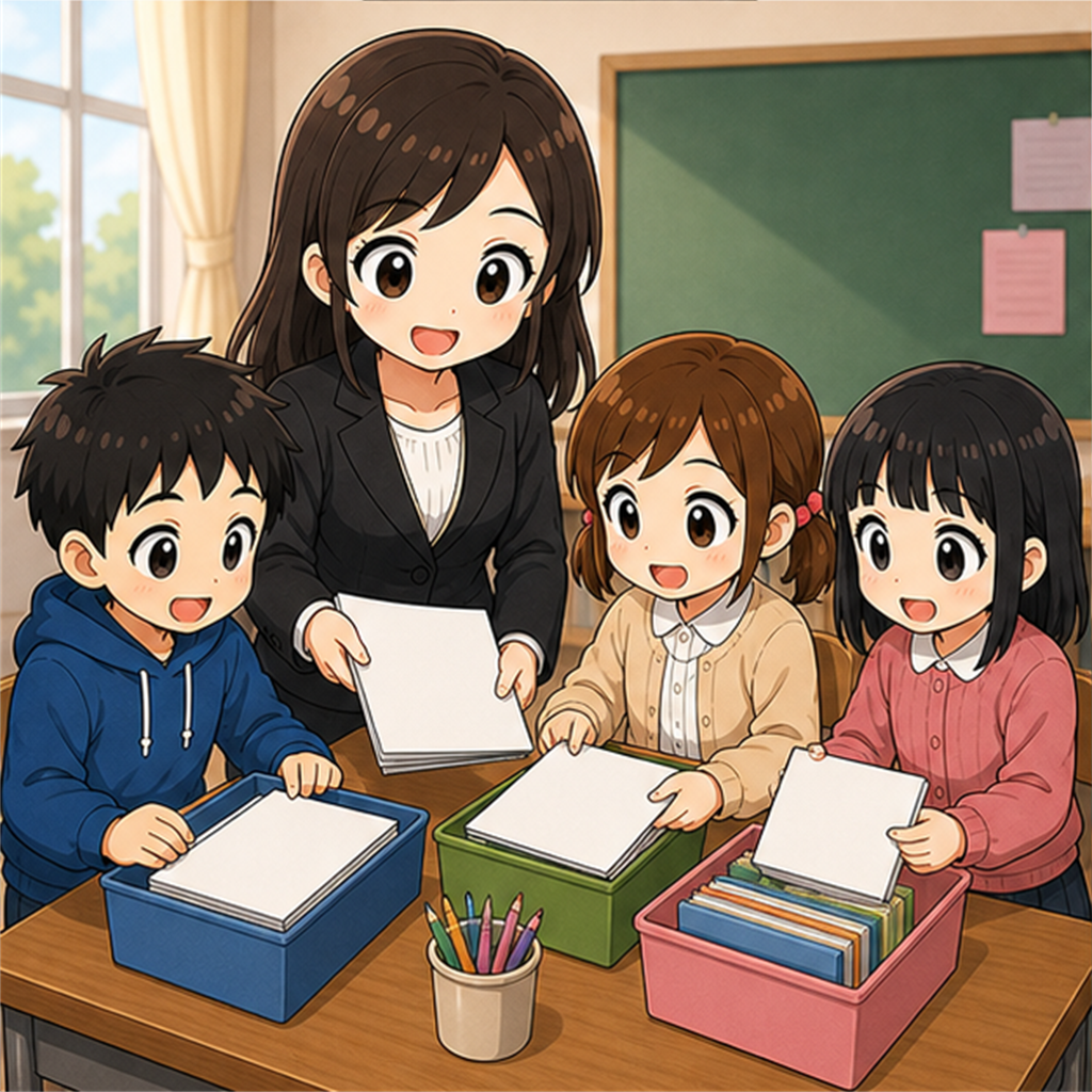 先生と児童が一緒に活動する様子のイラスト